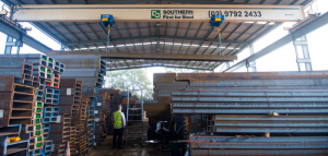 Steel plates and beams inside a warehouse